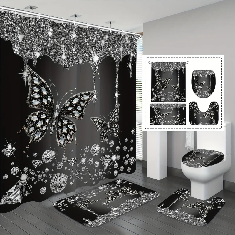 4pcs Black Glitter Butterflies Shower Curtain Set, Elegant Shower Curtain With 12 Hooks, Non-Slip Bathroom Rug, Toilet U-Shape