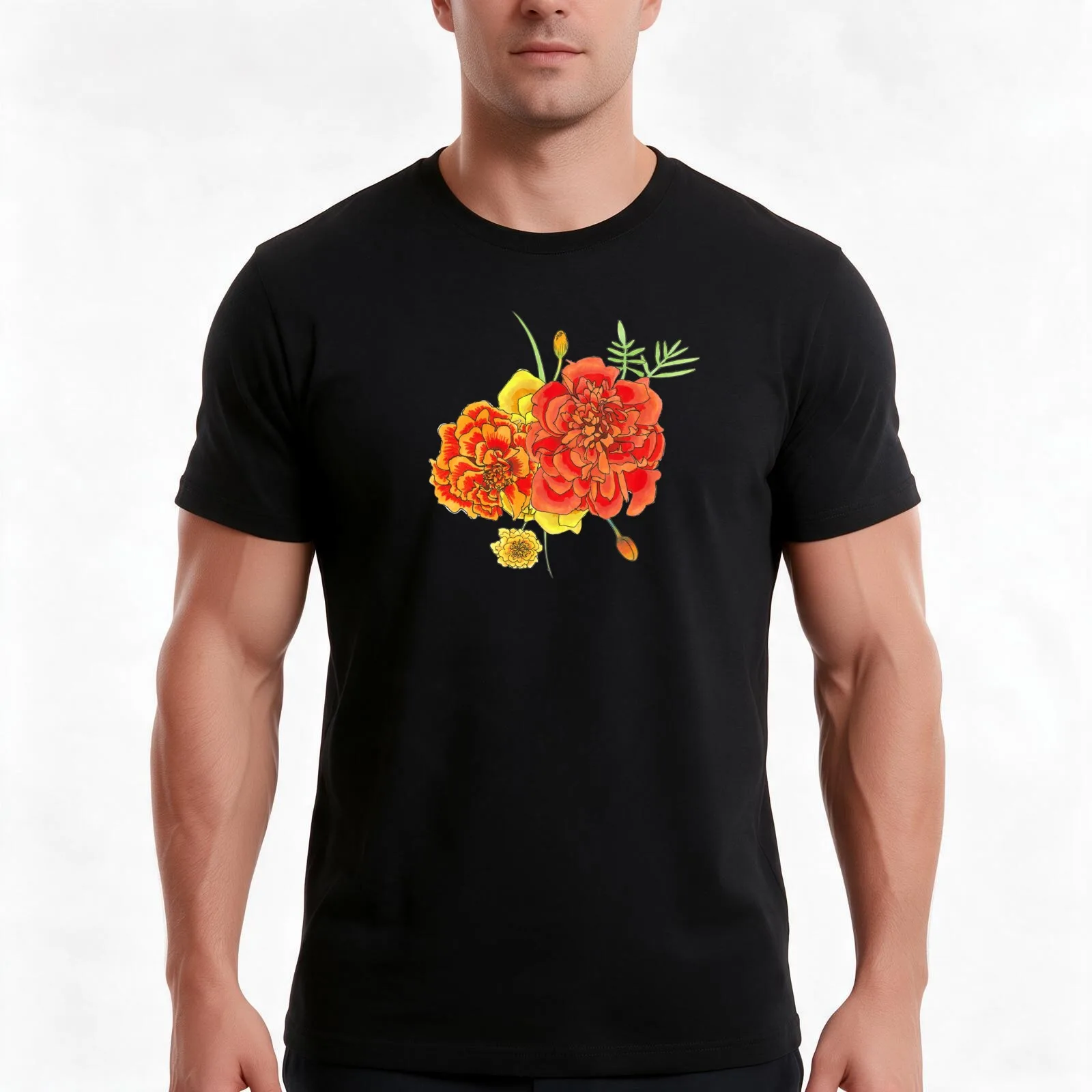 Marigold Boquet T-Shirt Summer Casual Cotton Tee Oversized Streetwear Tops Vintage Graphic Print Loose Fit Short Sleeve