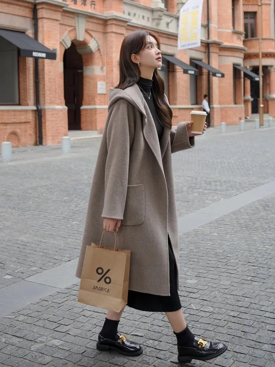 

Women's Double-Faced Woolen Coat Long Sve Hooded Midi Length Button Detail Autumn Winter New Sle Faionable Commute Wear