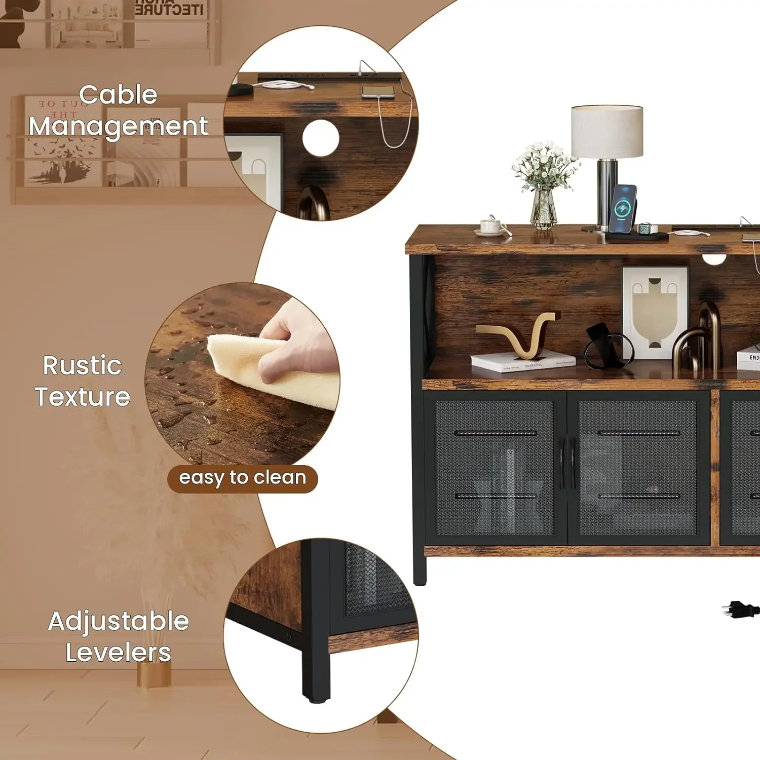 Retro Aparador Buffet Cabinet com Power Outlet e Porta USB, Industrial Wood Farmhouse, Coffee Bar Cabinet com Armazenamento