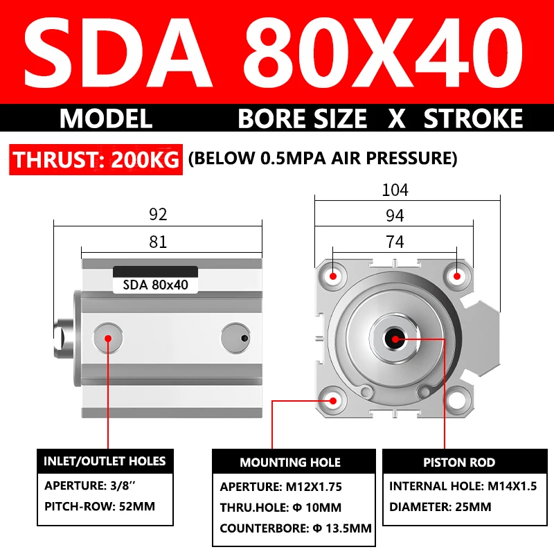 ABILKEEN SDA80X40 SDA Series Thin Air Cylinder 80MM Female Thread Bore X 40MM Stroke Double Acting Pneumatic Compact Cylinder