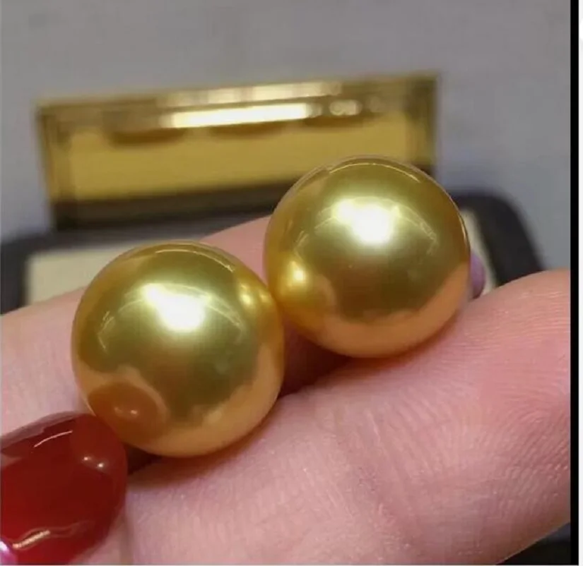 

Fine Jewelry AAAA 11-12mm real natural Round Golden South Sea Pearl Earrings 14K Gold