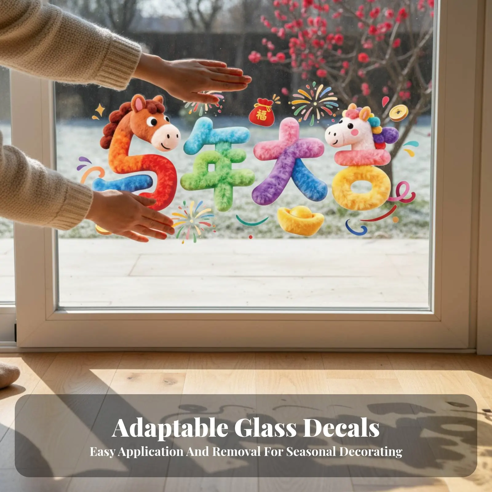 

2026 Horse Year Glass Sticker, 5D Cling, Cartoon Horse, Large Size, Seasonal Holiday Glass Decoration