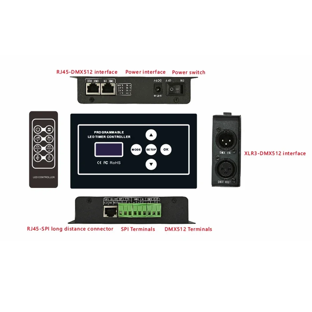 Bincolor RGB IC Pixel LED Strip light controller DMX512/SPI signal Dimmer Wireless RF Remote switch 9VDC connector XLR-3, RJ45