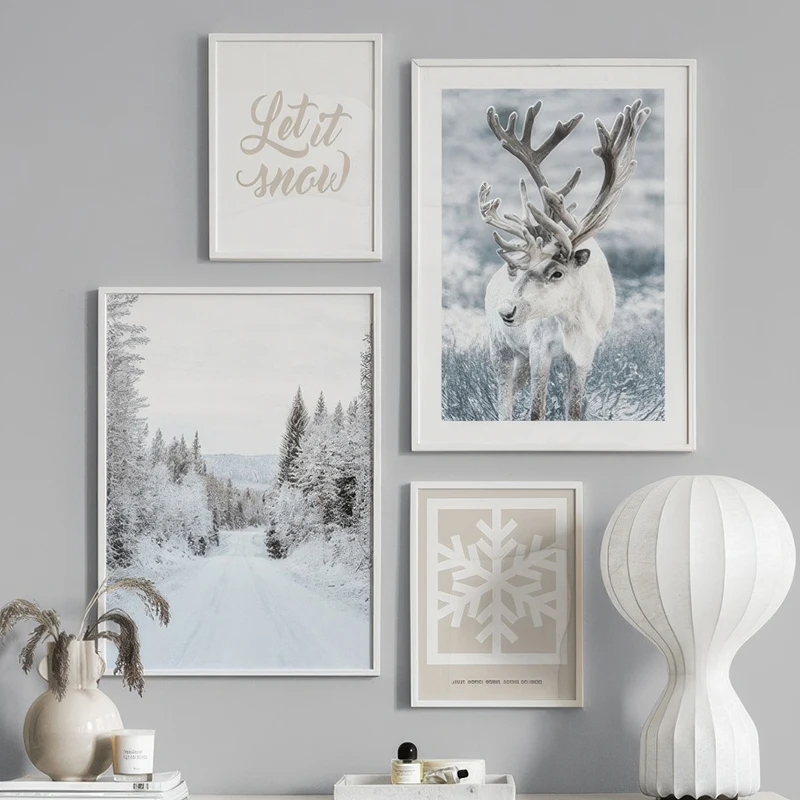 Floresta - Cuadro Decorativo con Diseño de Reno, Nieve y Camino, Impresión en Lienzo, Arte de Pared, Póster, Pintura Decorativa, Imágenes de Paisajes