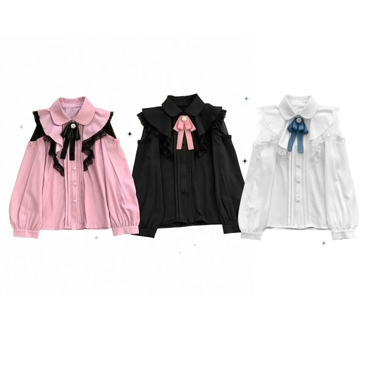 Japanese Lolita Sweet Lace Shirt Women Long Sleeve Button Blouse Cute Hollow Out Bow Shirts Off-shoulder Womens Tops Mujer New