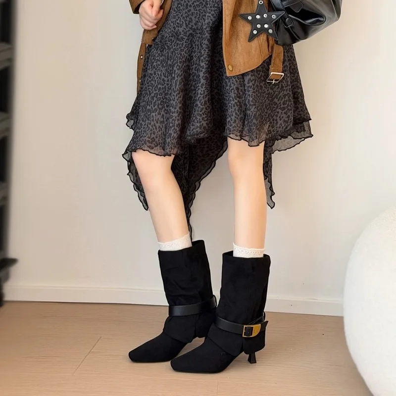 Pointed-toe High-heeled Stack Boots for Women, 2026 New Style, Elegant Fur Surface, Fashionable Cuff Boots