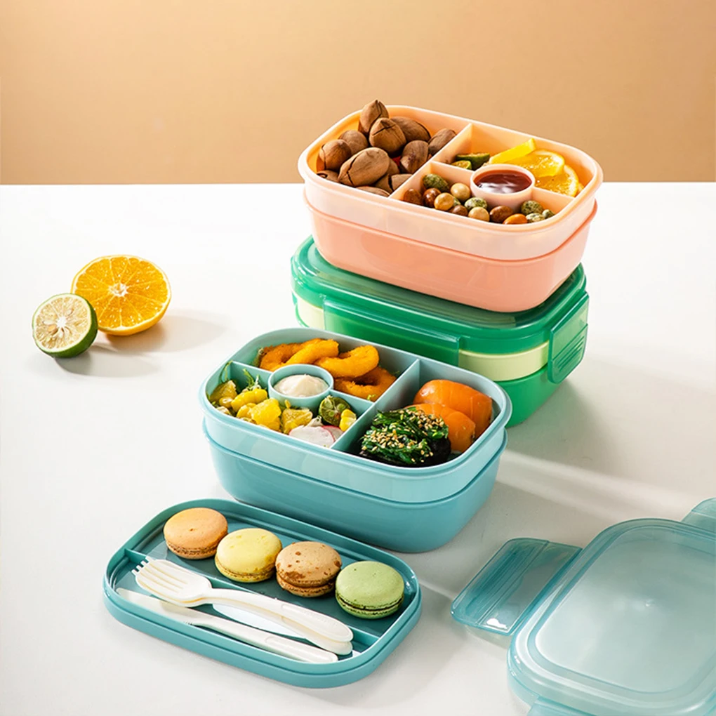 Stackable Bento Box Microwave Lunch Box 3 Layers All-in-One Lunch Containers with Cutlery Set Multiple Grid for Adults & Kids