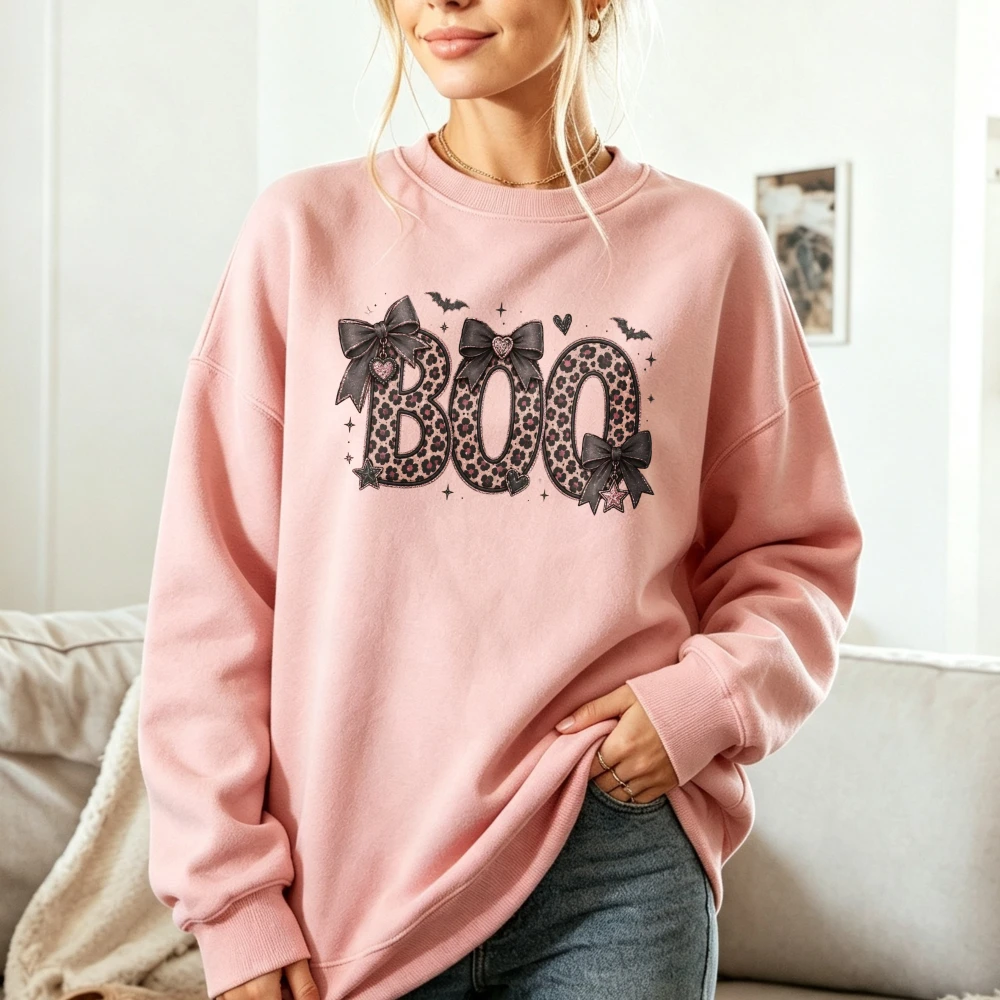 Halloween Leopard Boo T Shirt Women Bows Bats Graphic Print Casual Short Sleeve Crew Neck Retro Vintage Spooky Girlfriend Gift
