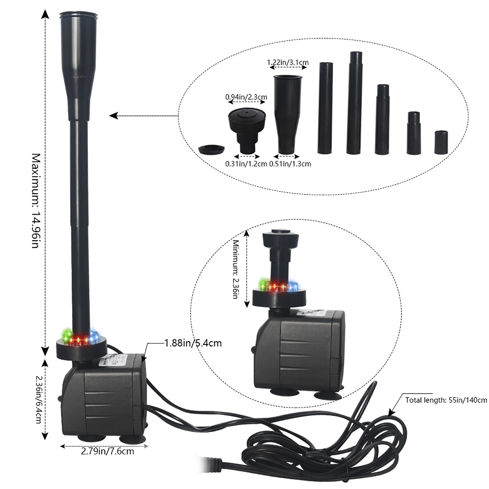 15W Water Pump Fish Tank Pond Ultra-Quiet Submersible With 12 LED Lights Aquarium Water Fountain Pump Filter LED Water Pump