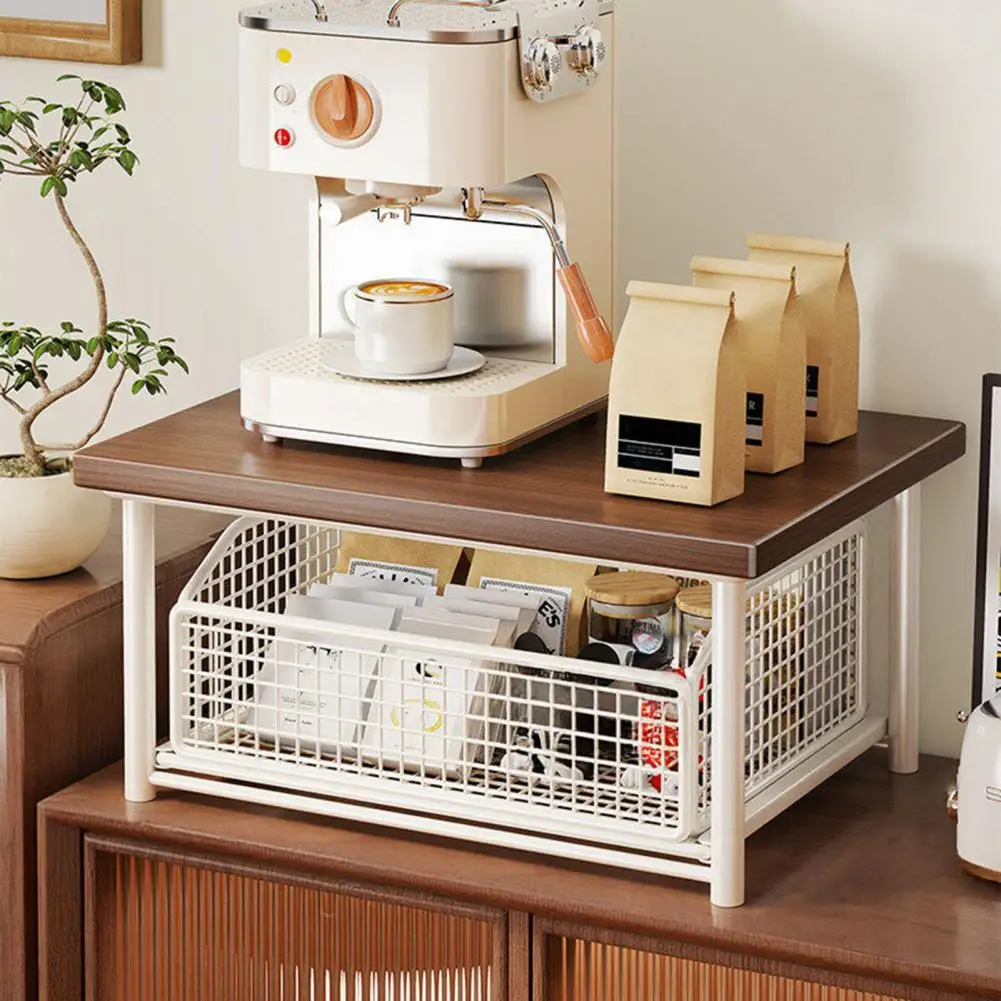 Coffee Maker Storage Rack with Drawer Wooden Countertop Metal Coffee Bar Organizer Strong Load Bearing Organizer for Home Office