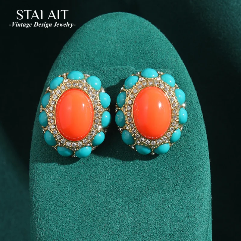 

Luxury Egg Shape Natural Stone Stud Earrings Jewelry Vintage Gold Color Woman Outfits Designer Wedding Accessories 2025 Trend