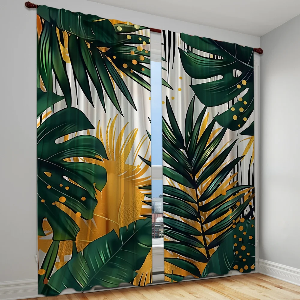 2pcs Abstract Green Tropical Leaves Semi-Blackout Curtains for Living Room Bedroom Modern Minimalist Mid Century Botanical Print