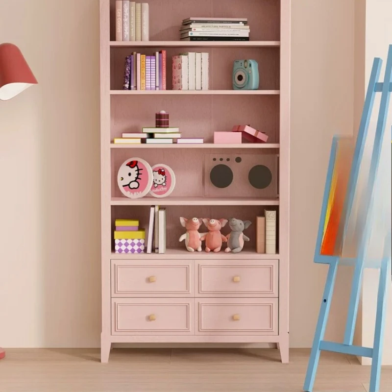 

Pink bookcase bookshelf integrated girls dopamine cabinet children's study floor solid wood bookcase integrated