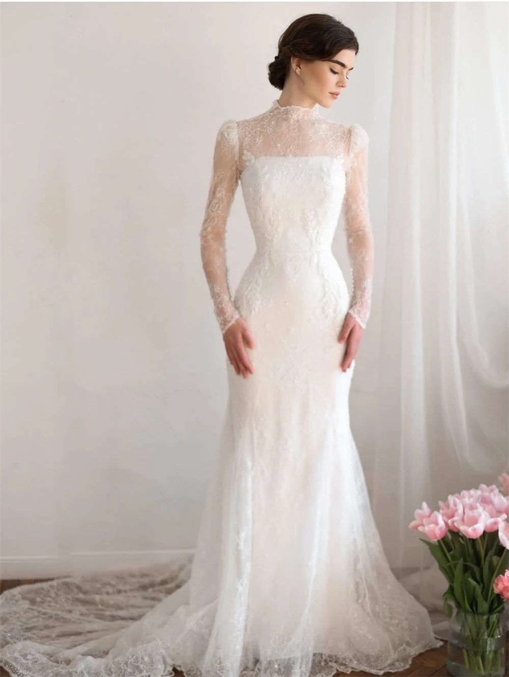 تخصيص أنيقة الدانتيل الأبيض زي العرائس الرسمي س الرقبة طويلة الأكمام فستان الزفاف الكلاسيكية حورية البحر ذيل محكمة رداء دي mariée