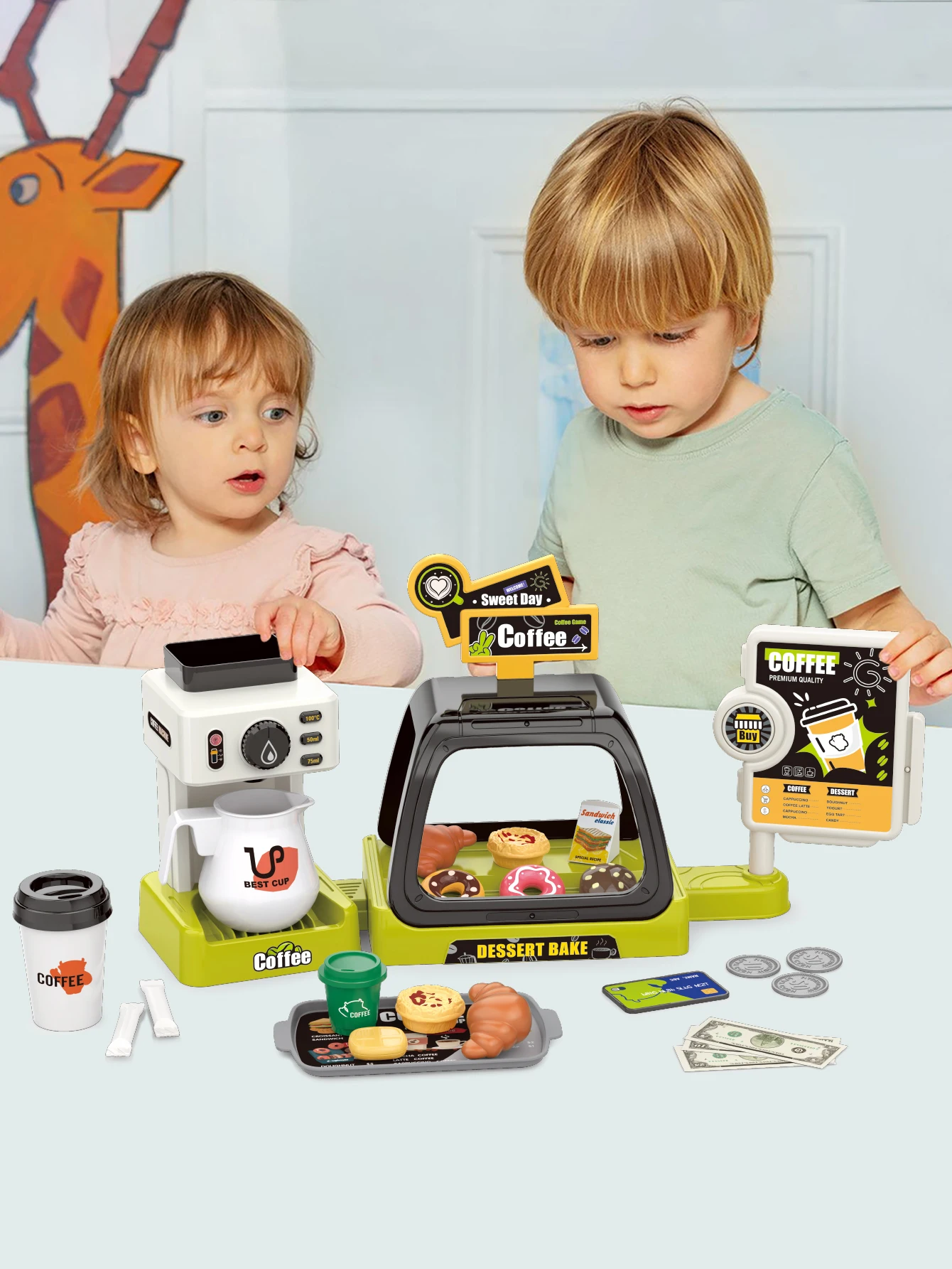 Kaffee maschine 3-in-1 Combo-Set mit Sound, manuelle Abgabe so tun, als würden Kinder spielen Set Geschenke für Jungen und Mädchen