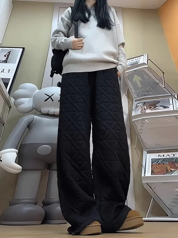 

Thiened Fce Winter Ski Pants Men's Casual Wide Leg Cotton Trousers Anti-Cold Diamond Patterned Winter Sports Leisure Pants