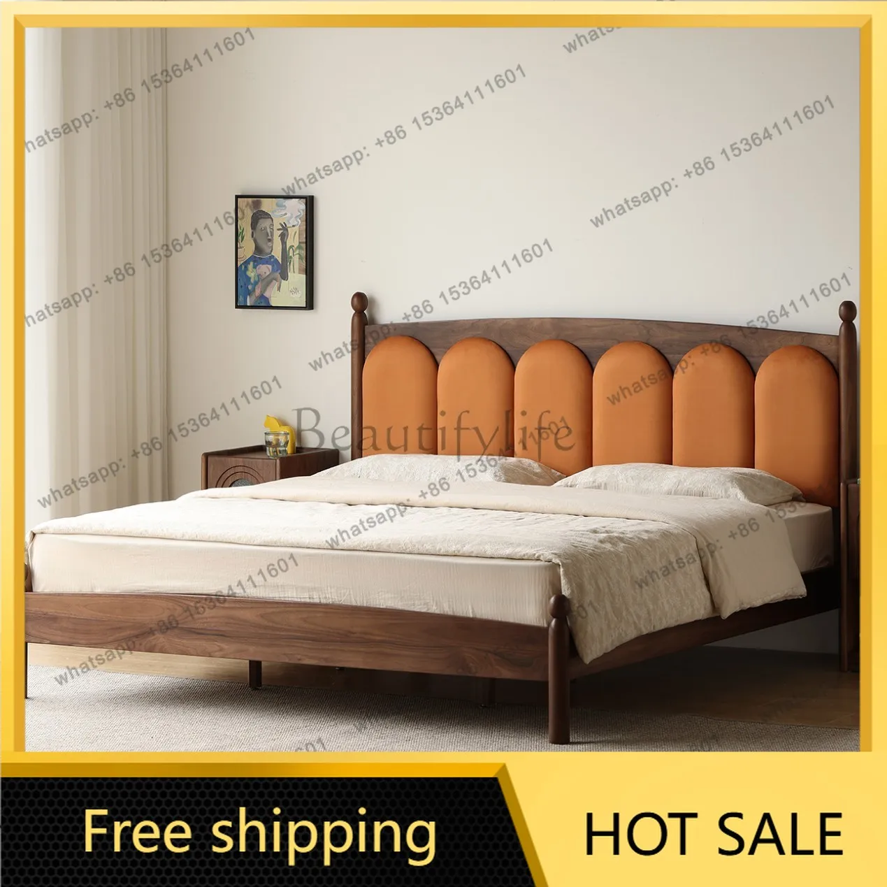 Factory Direct Sales North American Black Walnut Medieval Solid Wood Bed French Double Bed Soft Bag American Furniture