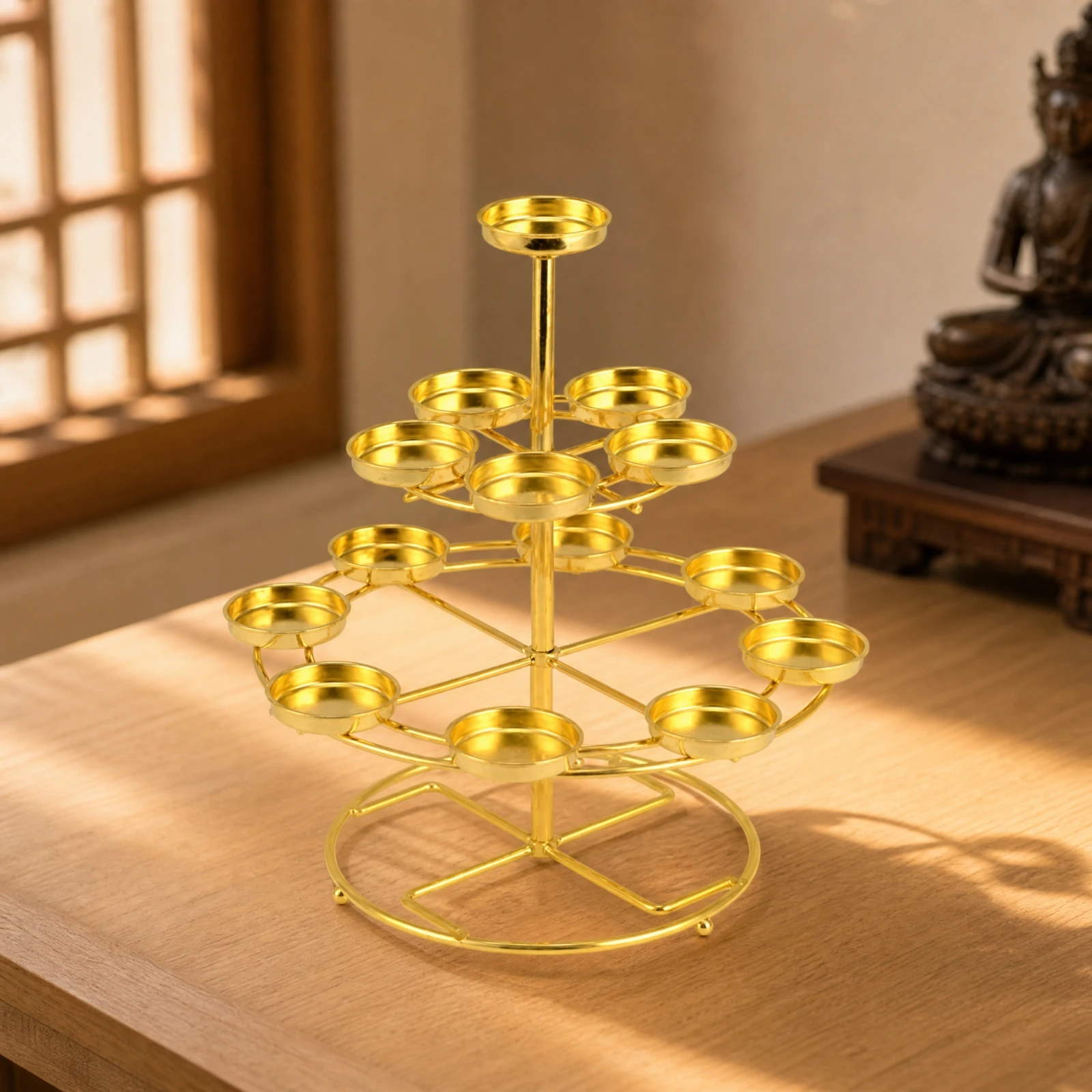 Gold Electroplated Freestanding Devotional Lamp Stand Multi Tier Circular Base for Butter Lamps Altar Table Temple Decor
