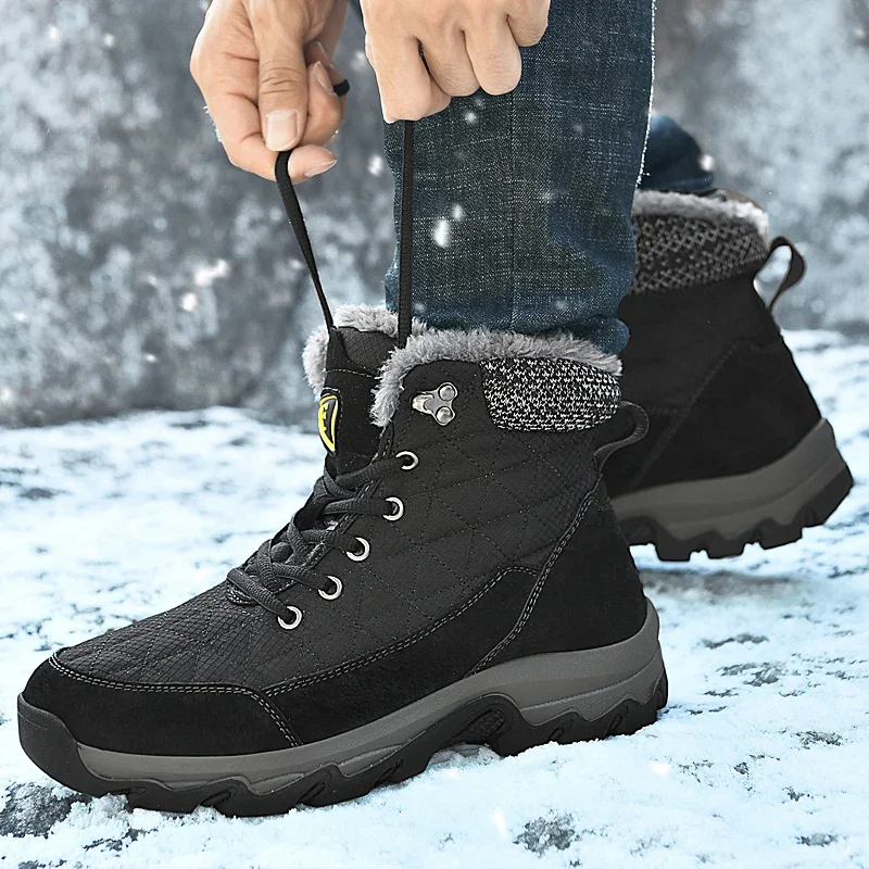 Bottes de neige coordonnantes pour hommes, fourrure, peluche, cuir chaud, imperméable, rinçage, extérieur, randonnée, chaussures de travail, marque, hiver