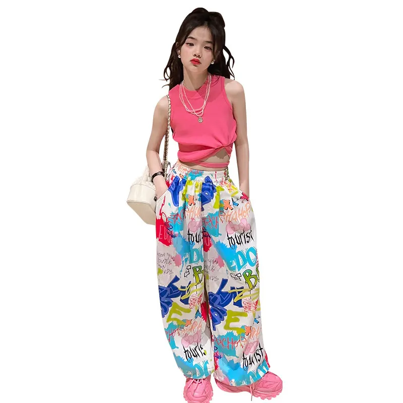 

teenage Girls Clothing set Summer Knit Vest+Graffiti Pants Hip Hop suit Streetwear Costumes Kids Teenager Clothes Outfits