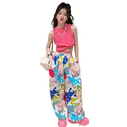 teenage Girls Clothing set Summer Knit Vest+Graffiti Pants Hip Hop suit Streetwear Costumes Kids Teenager Clothes Outfits