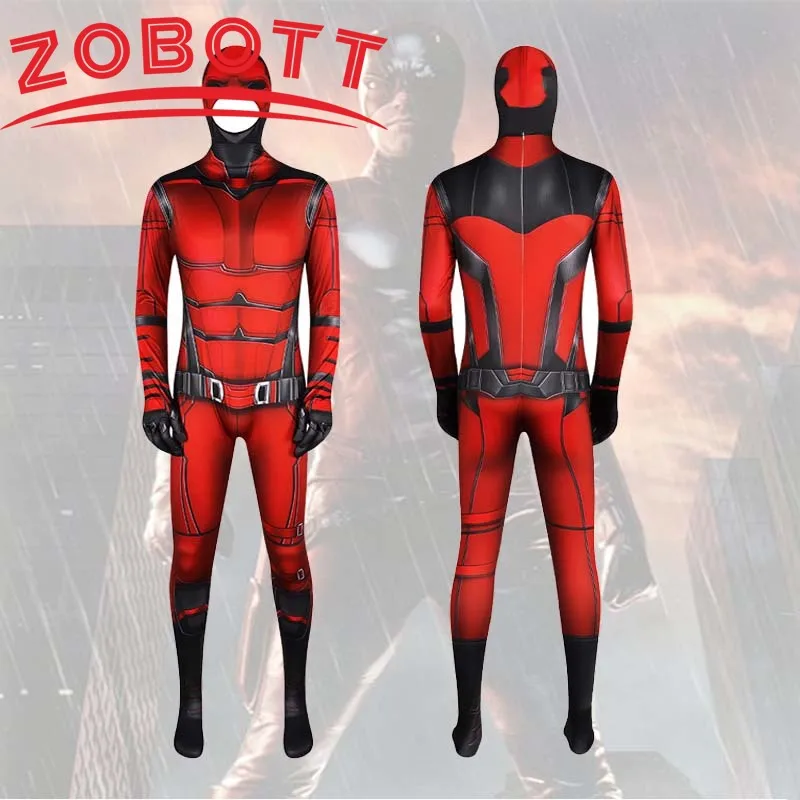 NEW Born Daredevil Cosplay Costume Matt Murdock Red Spandex Jumpsuit Hat Outfits Superhero Zentai Suits Men Bodysuit for Adult