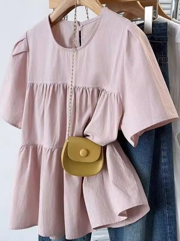 camisa-feminina-de-verao-nova-com-manga-bufante-solta-tamanho-grande-patchwork-gola-redonda-bolso-frontal-e-design-de-lenco-estilo-executivo