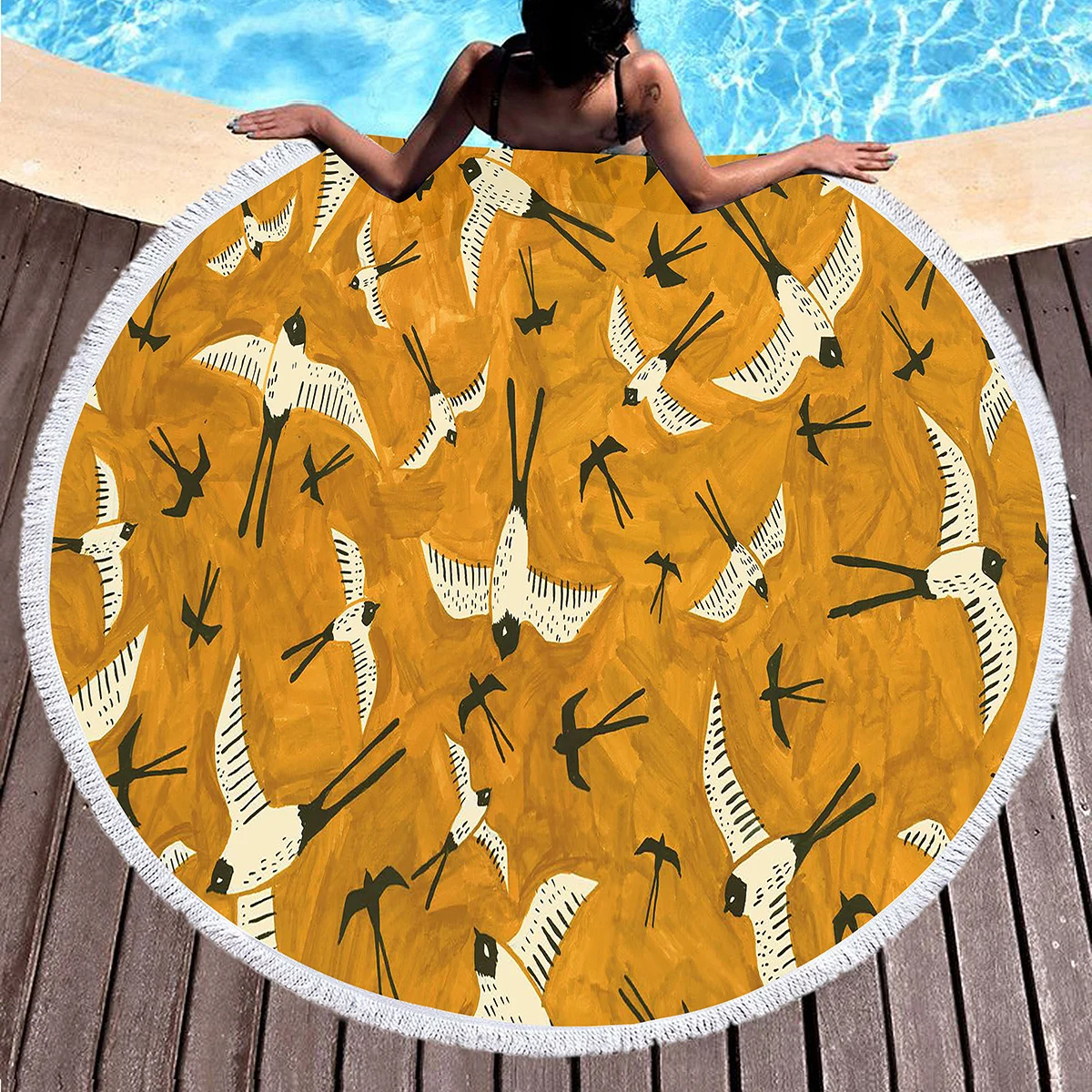 الطيور زهرة طباعة منشفة الشاطئ المستديرة ستوكات دائرة فوط استحمام سريعة الجافة ماصة مناشف حمام السباحة الرمال الحرة شال بطانية شاطئ #5