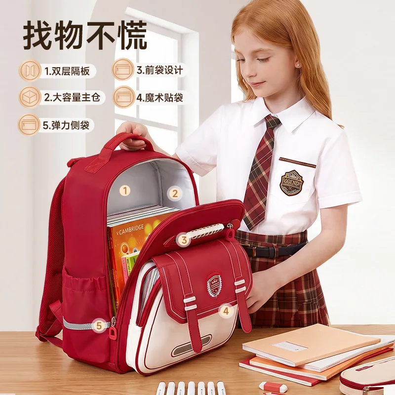 Kids Red White School Backpack for Boys Girls Ergonomic Bookbag with Flap Reflective Student Children Travel Daypack