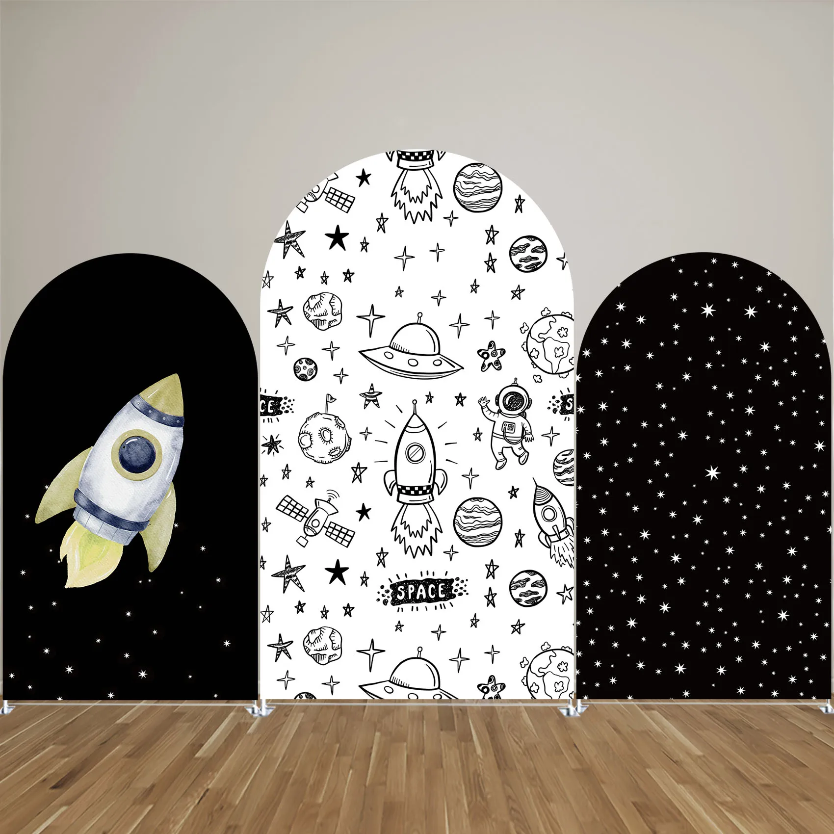 

Universe Starry Sky Arched Backdrop Covers Space Rocket Arch Stand Fabric Cover for Boy Birthday Party Decoration Props