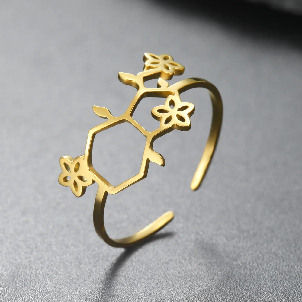 Cazador Stainless Steel Serotonin Molecule Rings for Women Gold Color Adjustable Chemistry Science Finger Rings Jewelry 2024