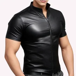 Stretch Black Matter Leather Shirts Men Short Sleeve Stand Collar Shirt Bodycon PU Business Top Hip Hop Nightclub Party Blouse