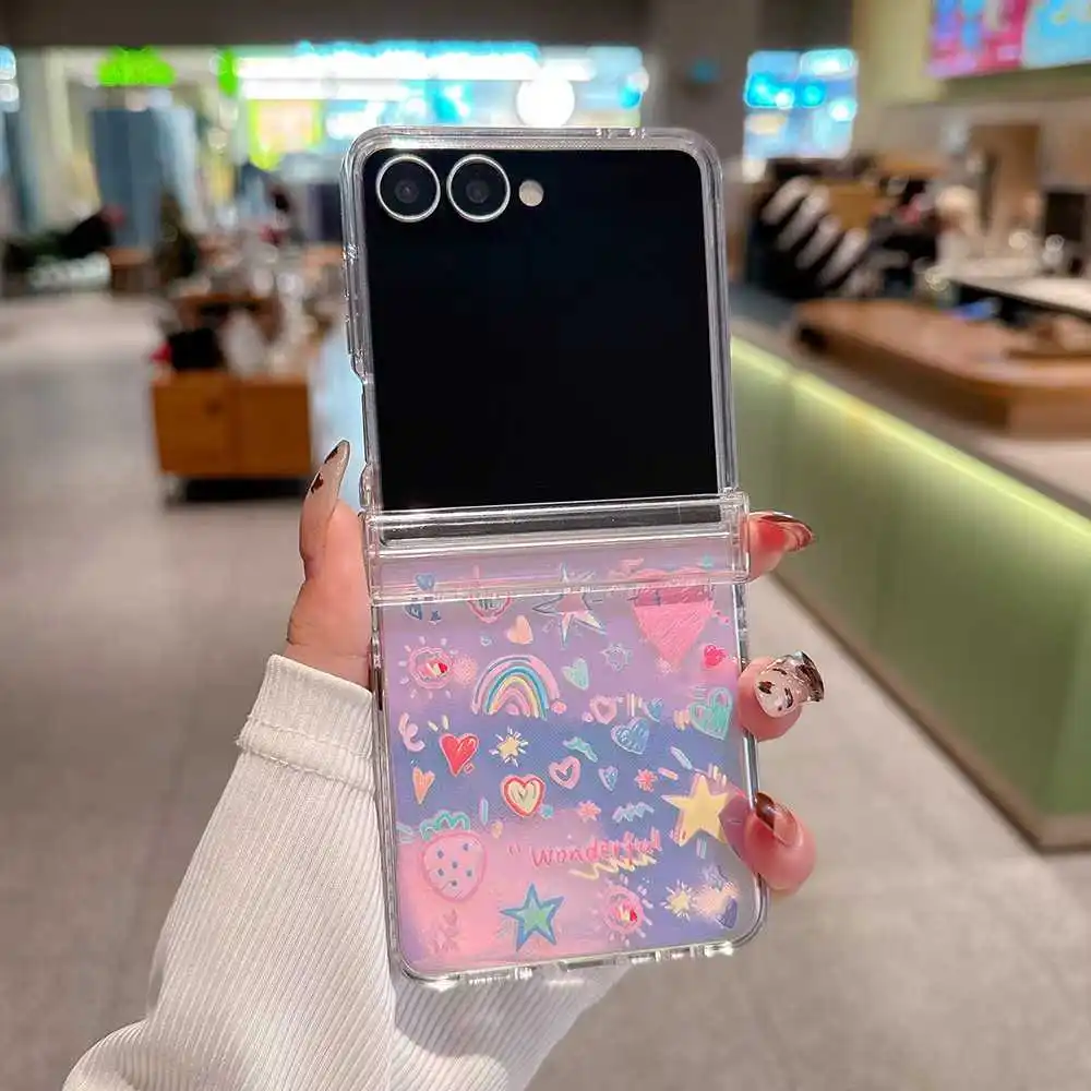 لسامسونج ZFlip 7 fe 6 5 حالة الصيف زهرة الفراولة الحب قوس قزح الديكور طوي غطاء الهاتف مع حبة ملونة الحبل #4