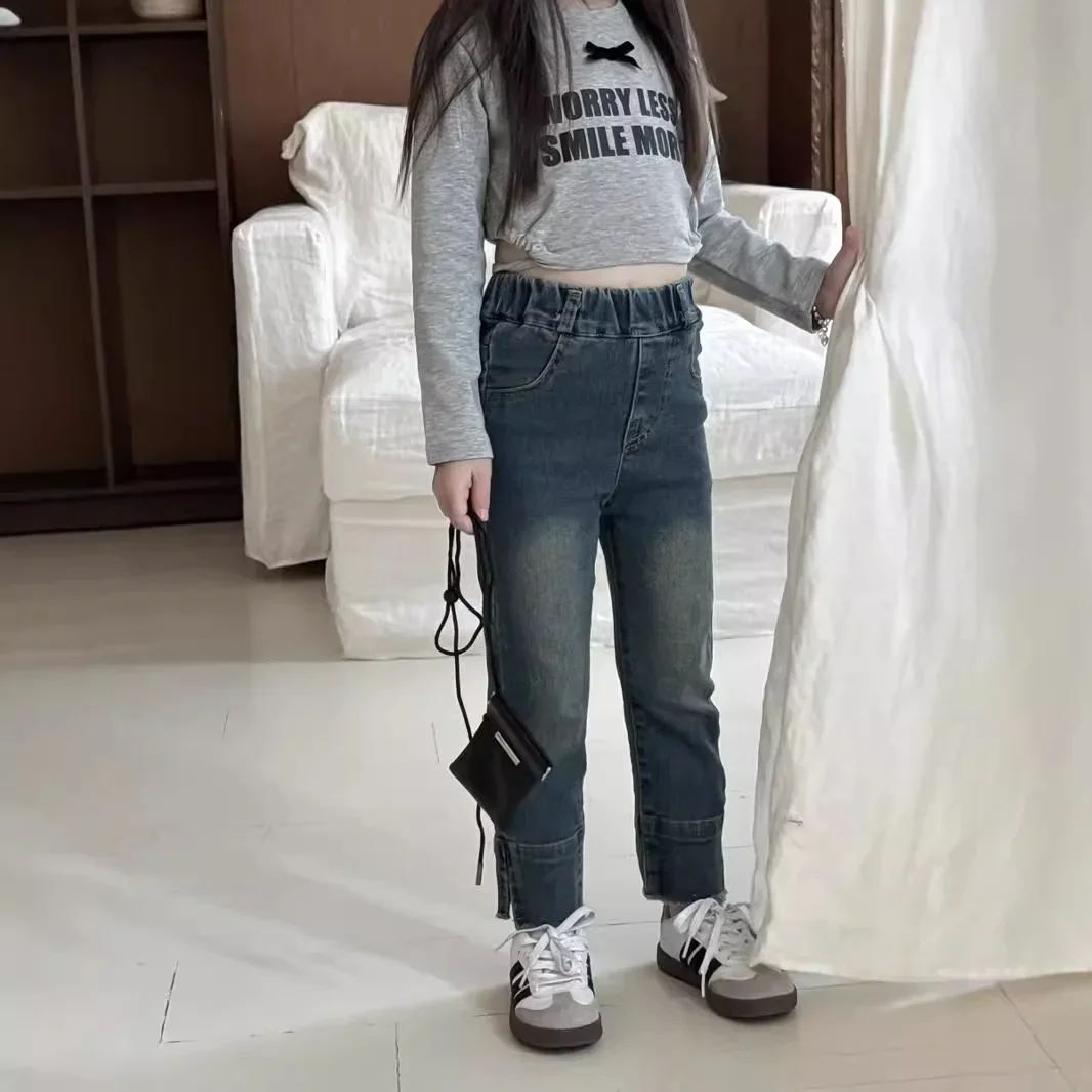 2024 Girls' Autumn Jeans Children's Korean Edition Casual Straight Leg Pants Leg Opening Smoke Tube Pants