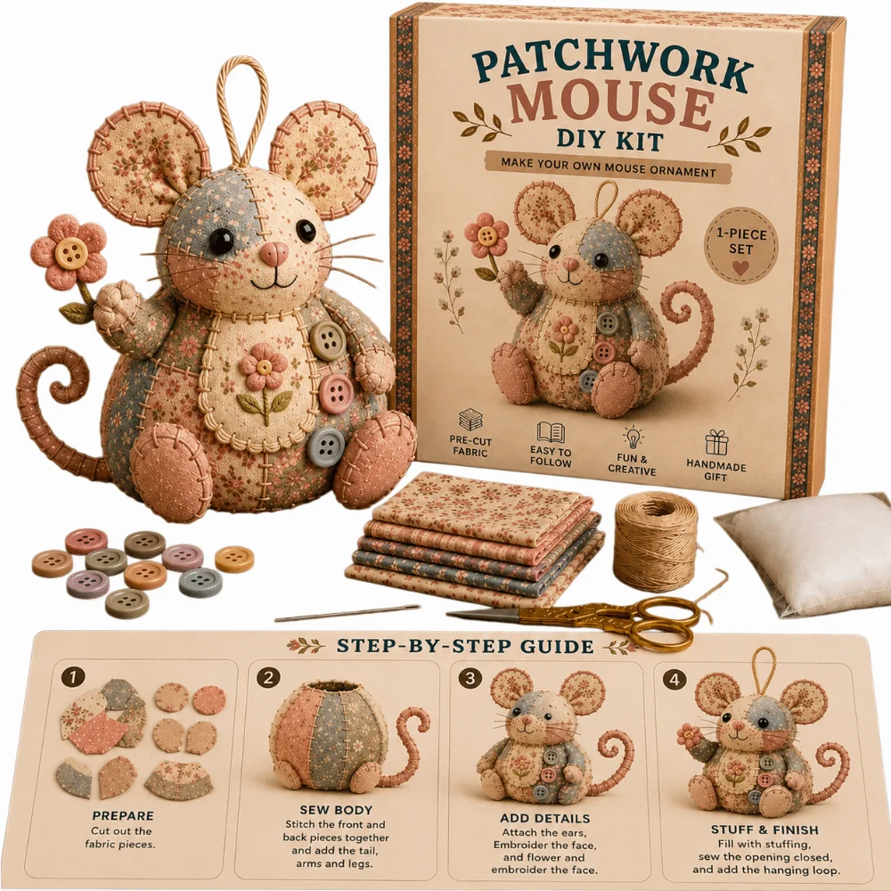 Handmade Patchwork Mouse Kit Pre Cut Fabric Step by Step Guide Patchwork Sewing Craft Set Stuffing Included Buttons Included