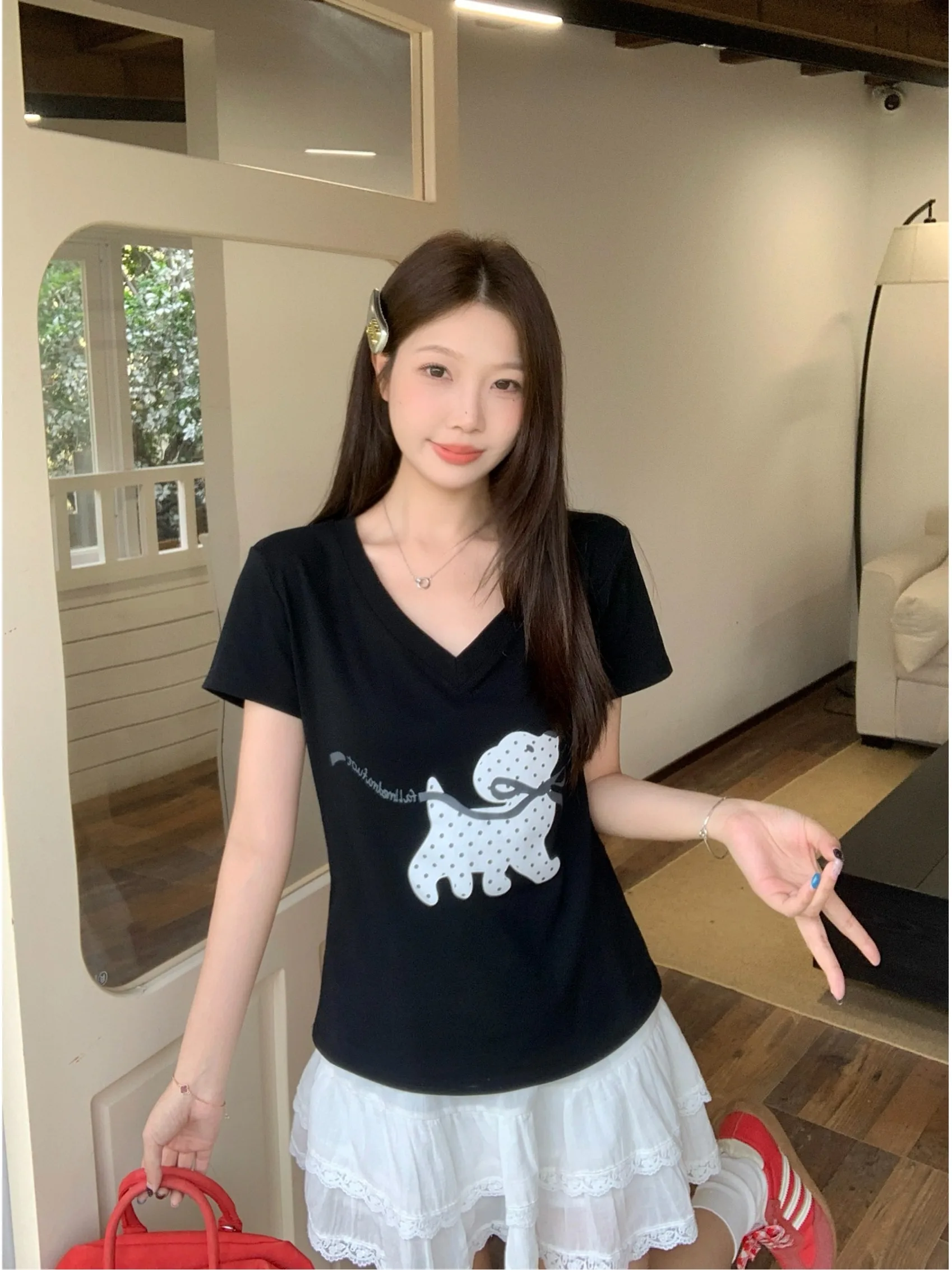 

plus Size Women's Polka Dot Dog Print Short Sleeve T-Shirt Slimming Design Korean Style Commute Fashion Summer New Arrival