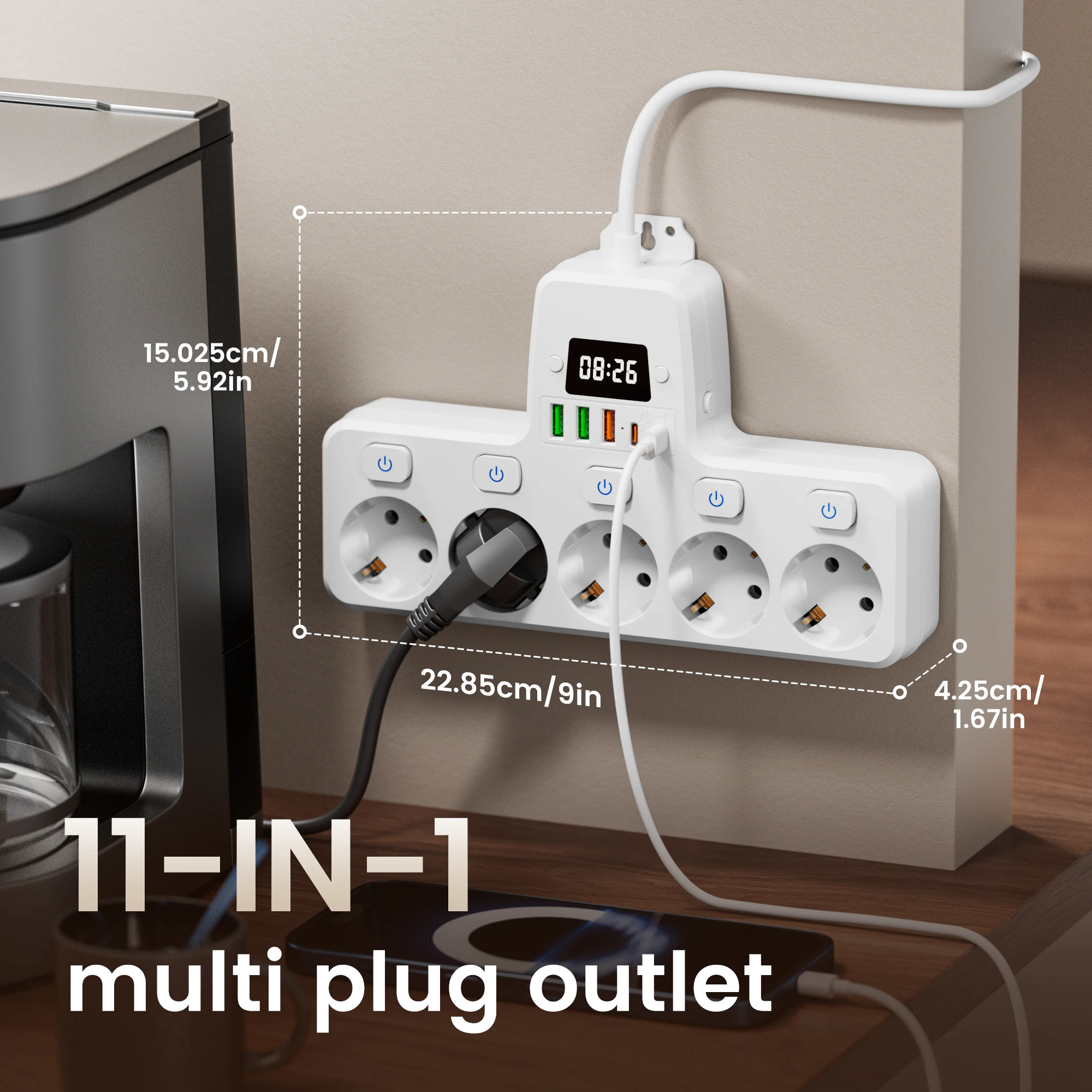 

13-in-1 EU Power Strip with Clock - 4 AC Outlets, 3 USB-A & 2 USB-C Ports, 1.5m/3m Cord, Surge Protection & Switch