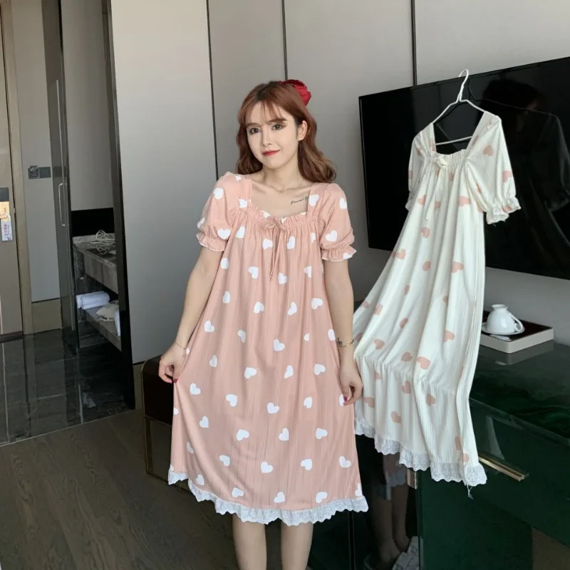 

2024 New Nightdress Women's Summer Korean Sweet Simple Short Sleeve Long Skirt Fashion Casual Comfortable Loose Loungewear