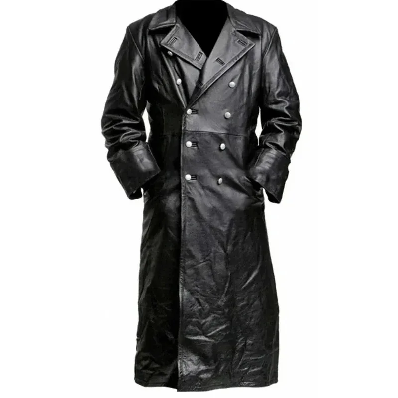 CyMEN'S GERMAN CLASSIC WW2 MILITARY UNIFORM OFFICER BLACK REAL LEATHER TRENCH COAT M17 view 5