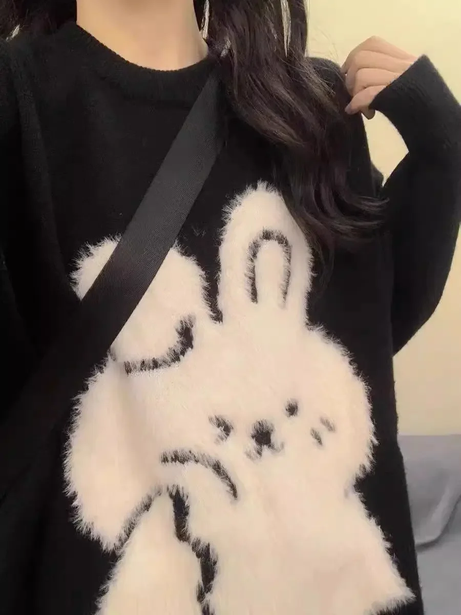 Gagaok Contrast Color Cartoon Rabbit Black Pullover Sweater Women Autumn Winter Long Sleeve Top Knitted Sweaters Pull Femme