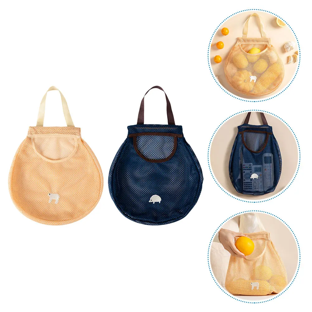

2Pcs Washable Reusable Storage Hanging Bag Polyester Mesh Tote Foldable Pouch for Grocery Shopping Bathroom Kitchen H held