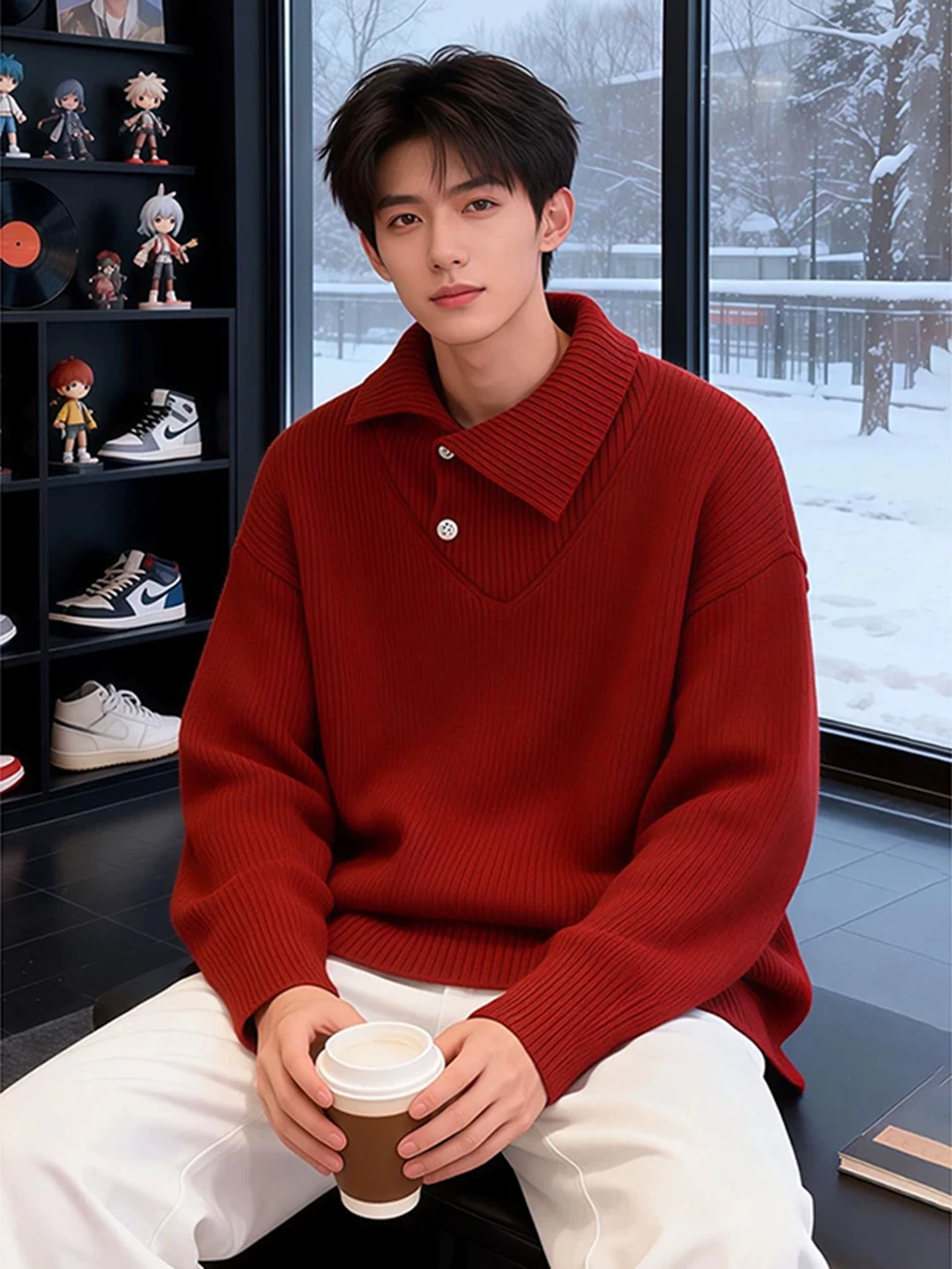 

Зимний утепленный мужской вязаный свитер цвета красного вина с воротником, в корейском стиле, повседневный, для ношения под одеждой, мягкий, свободного кроя, Bazi Year