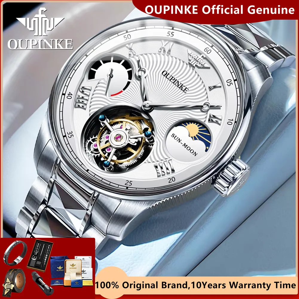 OUPINKE Tourbillon Watch for Men Chronograph Moon Phase Mechanical Wristwatches 70hours Energy Storage High-end Luxury Man Watch