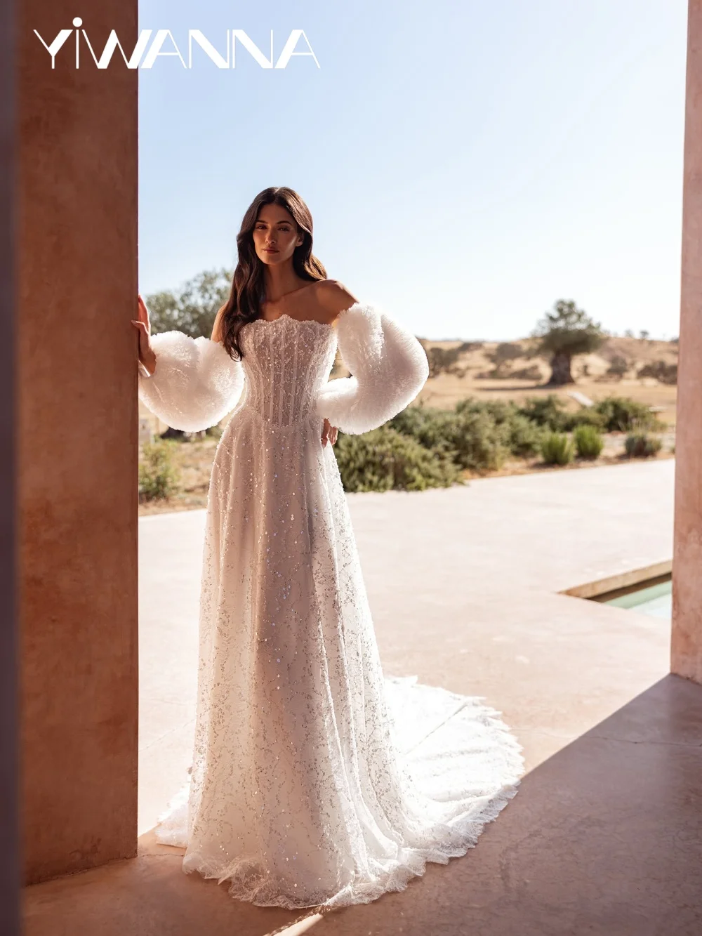 

Ruffled Detachable Sleeve Pearls Lace Wedding Dress Strapless A-line Floor-length Bridal Gown Customized New Dresses For Bride