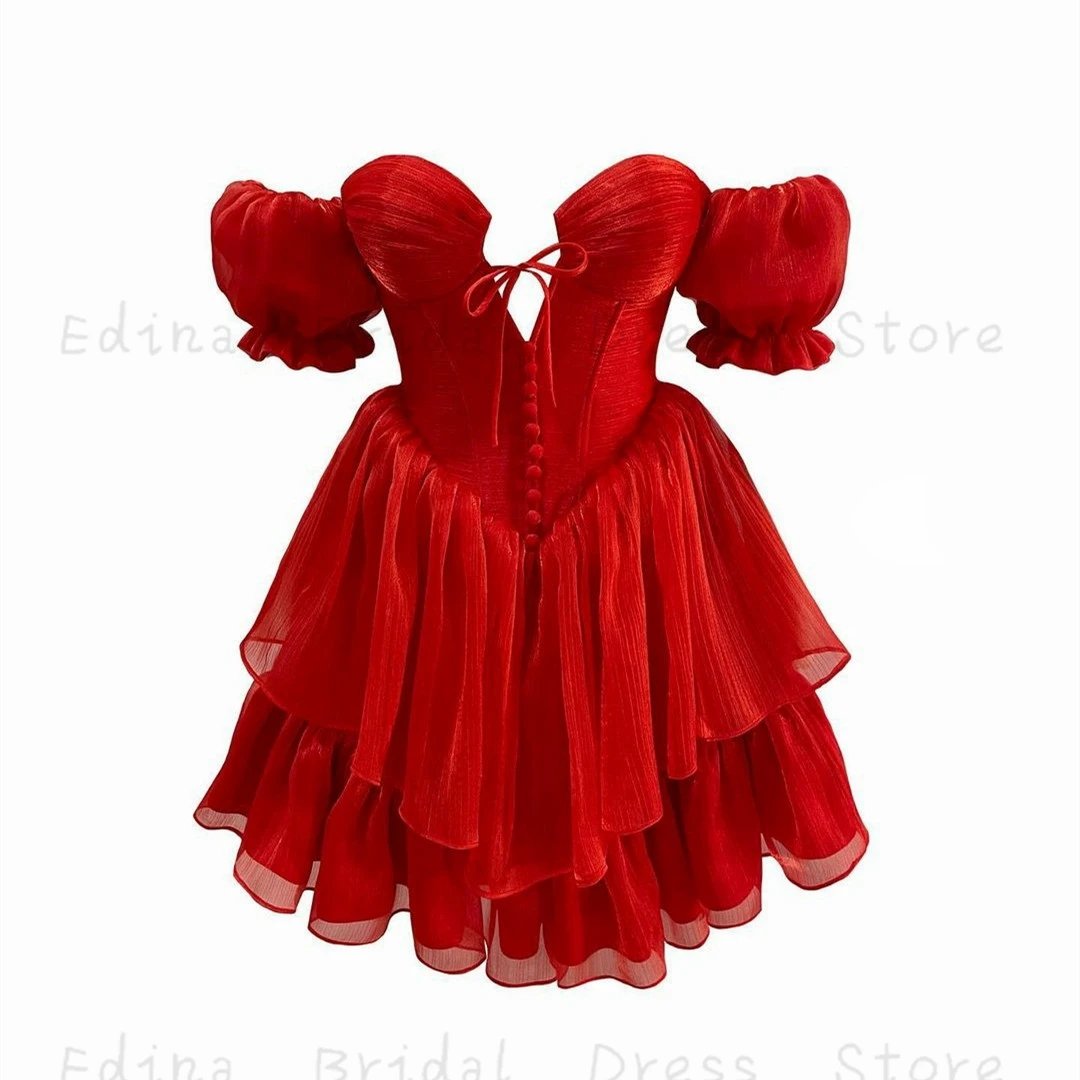 

Red Organza Cocktail Hoco Dresses with Ruffles Sleeve for Women Mini Length Off the Shoulder Formal Dress for Teens Gilrs