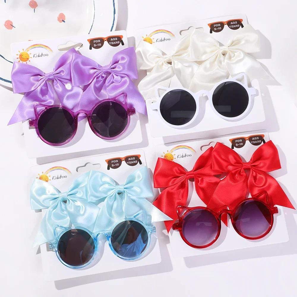 

3Pcs/Set Fashion Solid Baby Sunglasses Eyelet Bow Hairclip Set Elastic Ribbon Hairgripe Seaside Sunglasses Kids Head Accessories