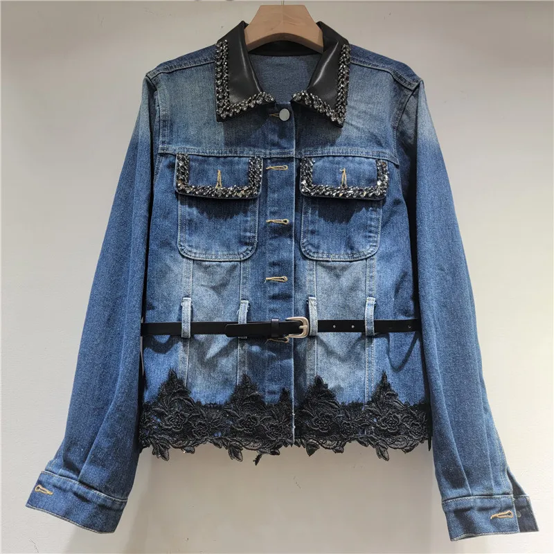 

2025 Autumn Denim Jacket, New Color Block Turn-down Collar Diamond-studded Single-breasted Double Pocket Pleated Lace Trim Coat