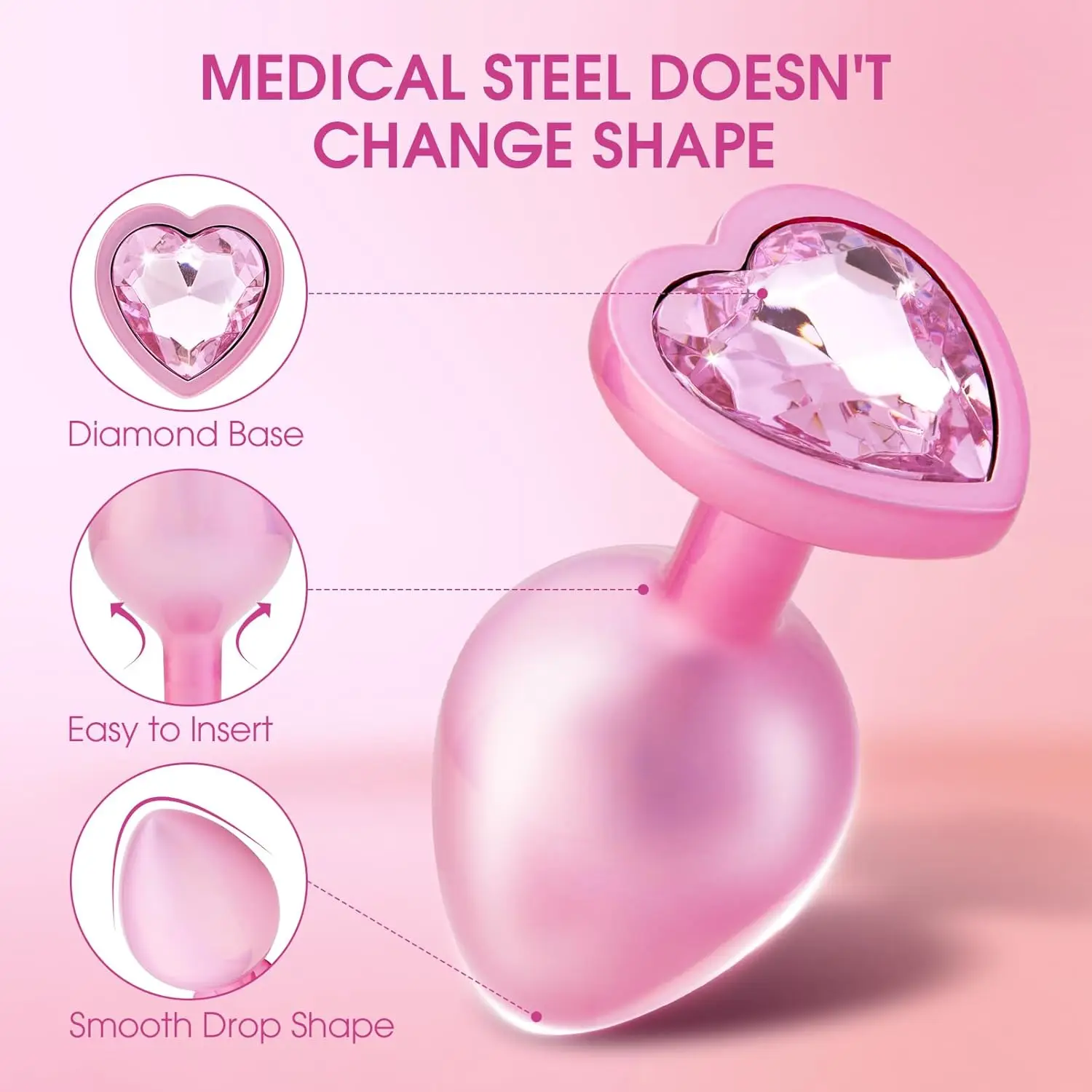 Pink Butt Plug Anal Adult Sex Toys with Crystal Diamond Heart Base for Women Men Beginners and Advanced Users Prostate Massage view 3
