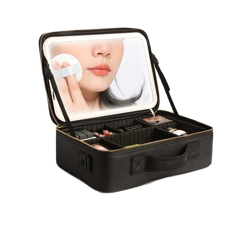 Light luxury with mirror led light cosmetic bag high value ins style portable and versatile 2025 new cosmetic storage bag